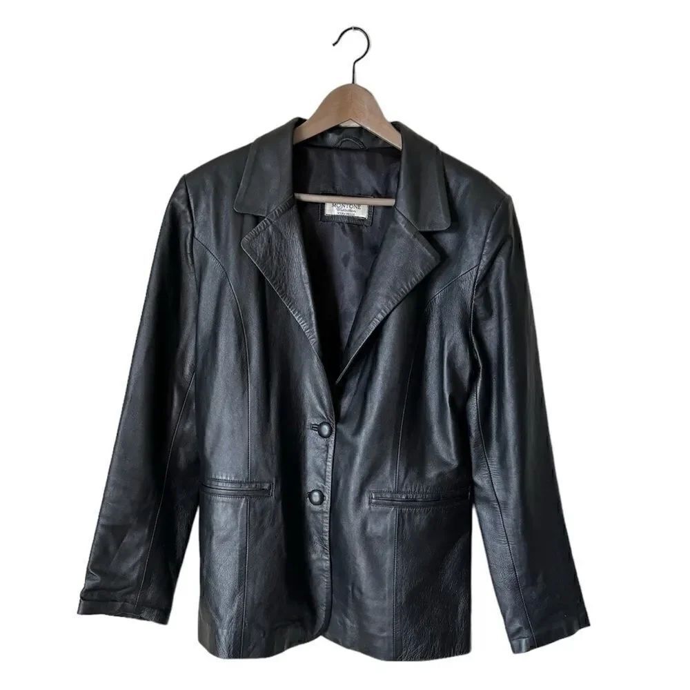 Montone Collection Vera Pelle Leather Black Shirt Blazer Jacket Size L
